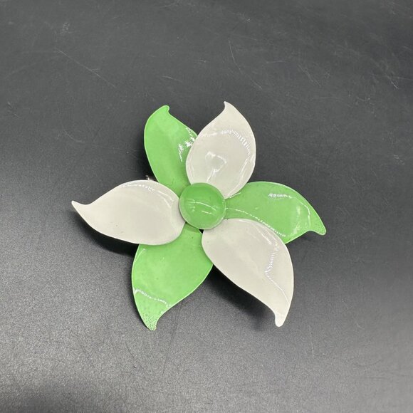Jewelry - Vintage Flower Power Brooch Pin Mid Century Enamel Retro Green White Floral
